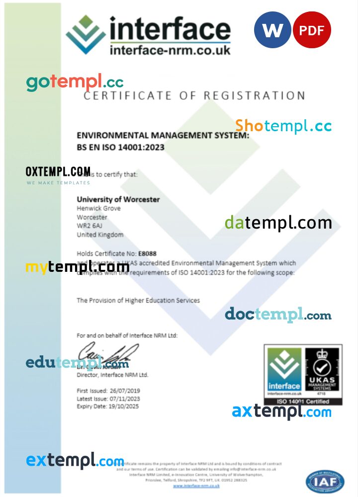 UK Interface certificate of registration Word and PDF template