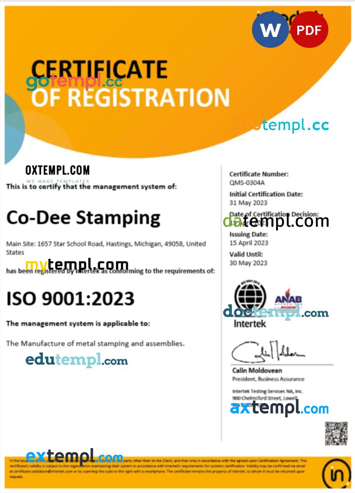 USA Intertek certificate of registration Word and PDF template