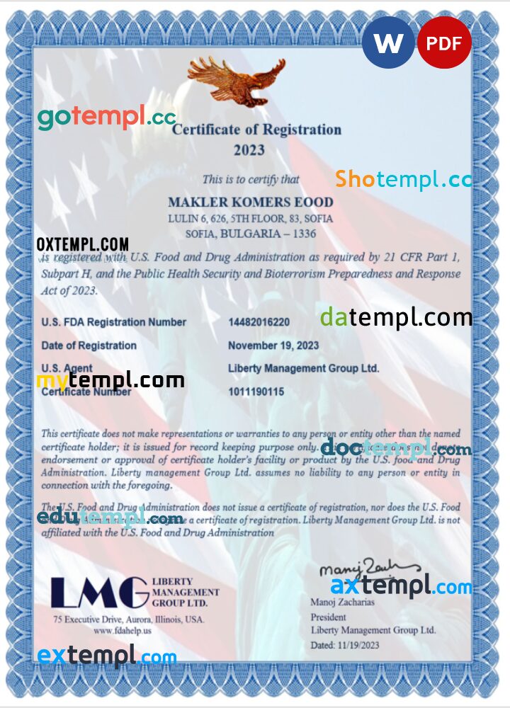 USA LMG certificate of registration, Word and PDF template, version 2