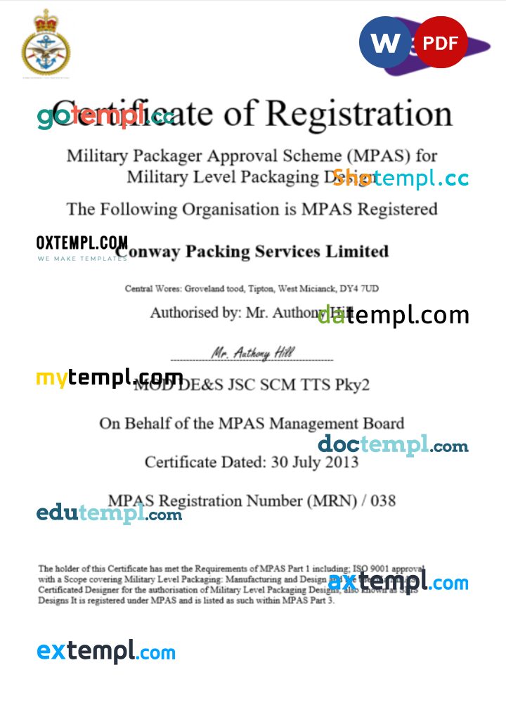 USA MPAS certificate of business registration Word and PDF template