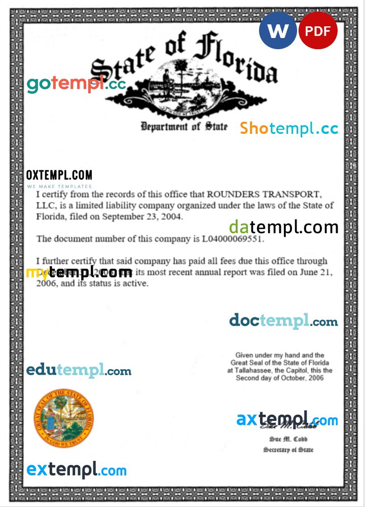 USA State of Florida certificate of business license Word and PDF template