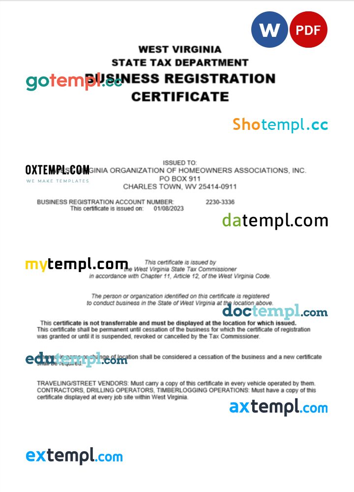 USA West Virginia certificate of company registration Word and PDF template