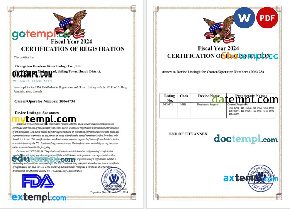 USA certificate of registration Word and PDF template