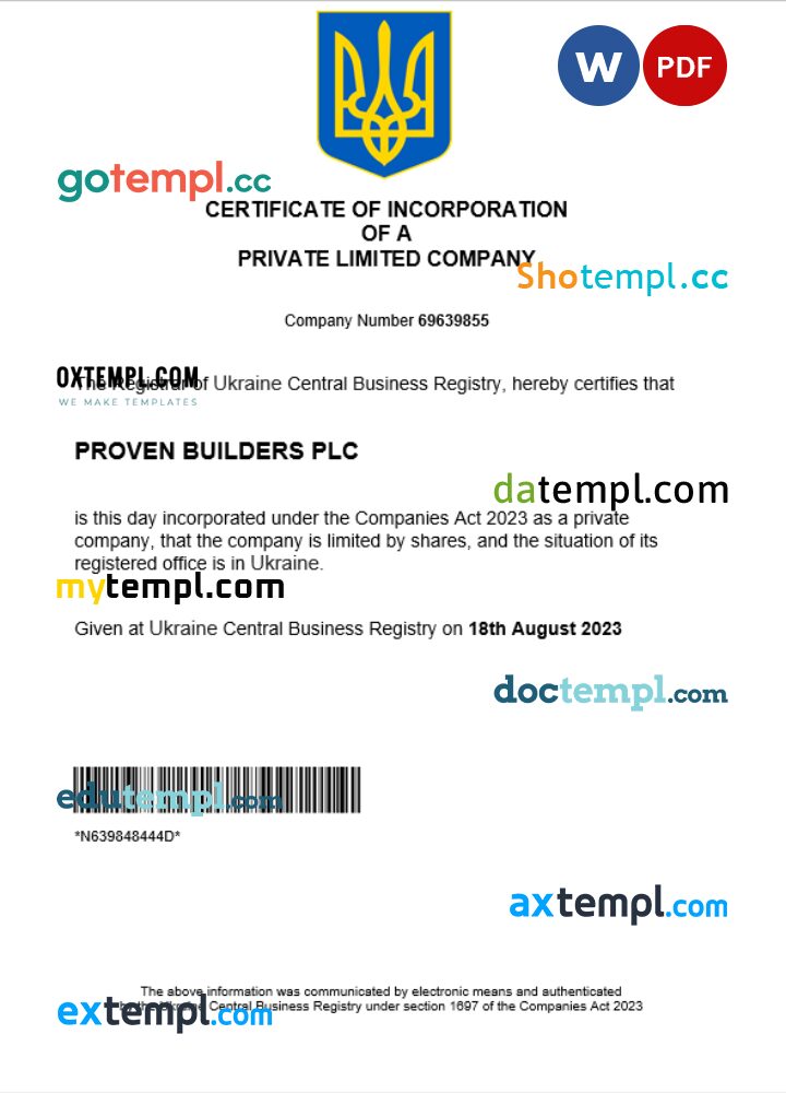 Ukraine business registration certificate Word and PDF template
