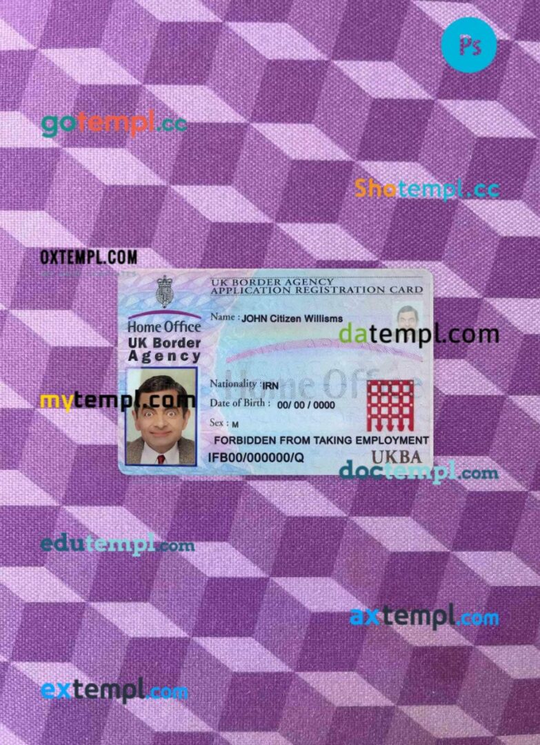 United Kingdom border agency application registration card editable PSD files, scan look and photo-realistic look, 2 in 1