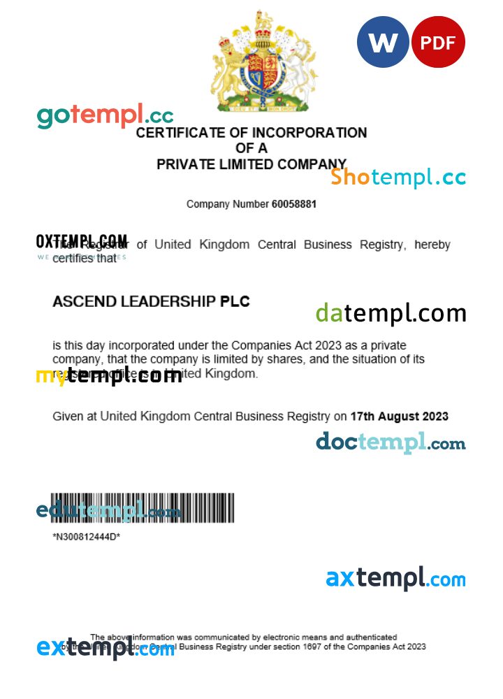 United Kingdom business registration certificate Word and PDF template