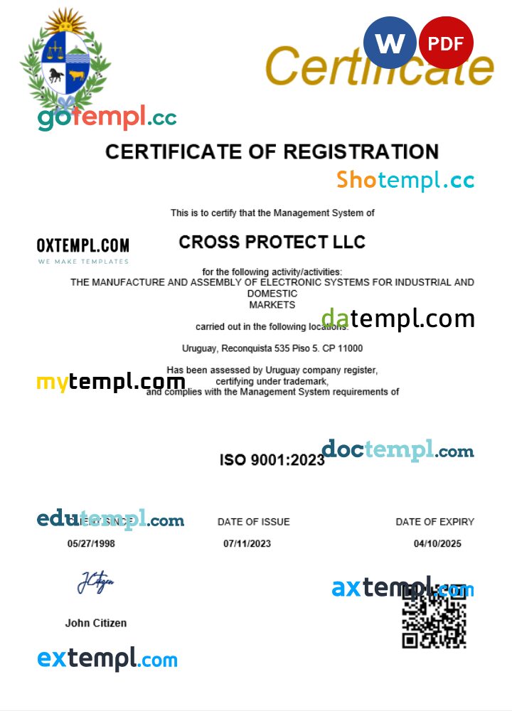 Uruguay business registration certificate Word and PDF template