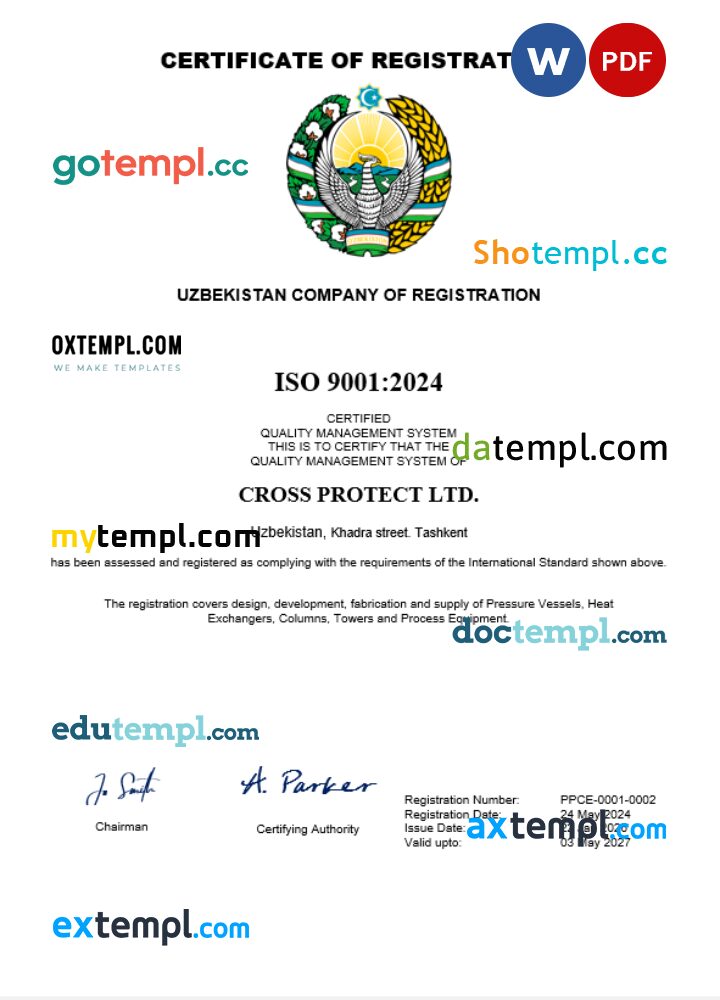 Uzbekistan business registration certificate Word and PDF template
