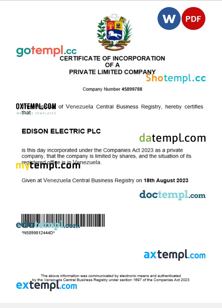 Venezuela business registration certificate Word and PDF template