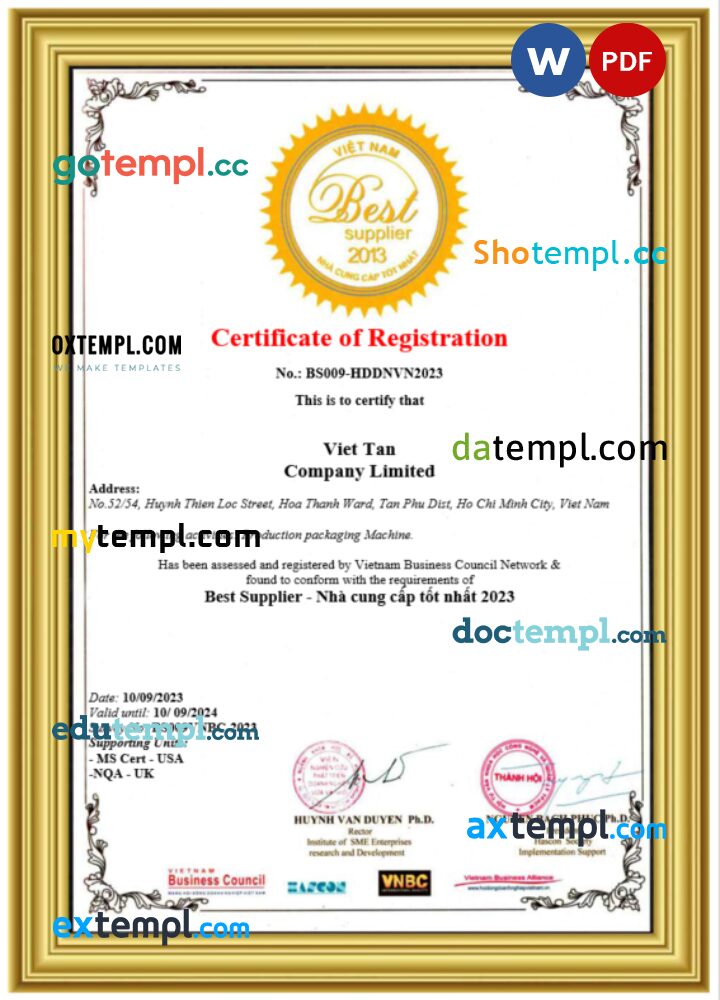 Vietnam certificate of registration Word and PDF template