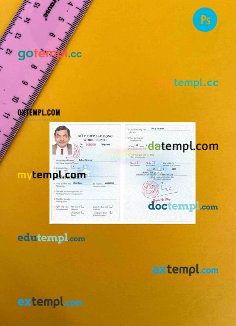 Vietnam work permit editable PSDs, scan and photo-realistic snapshot, 2 in 1 (version 2)