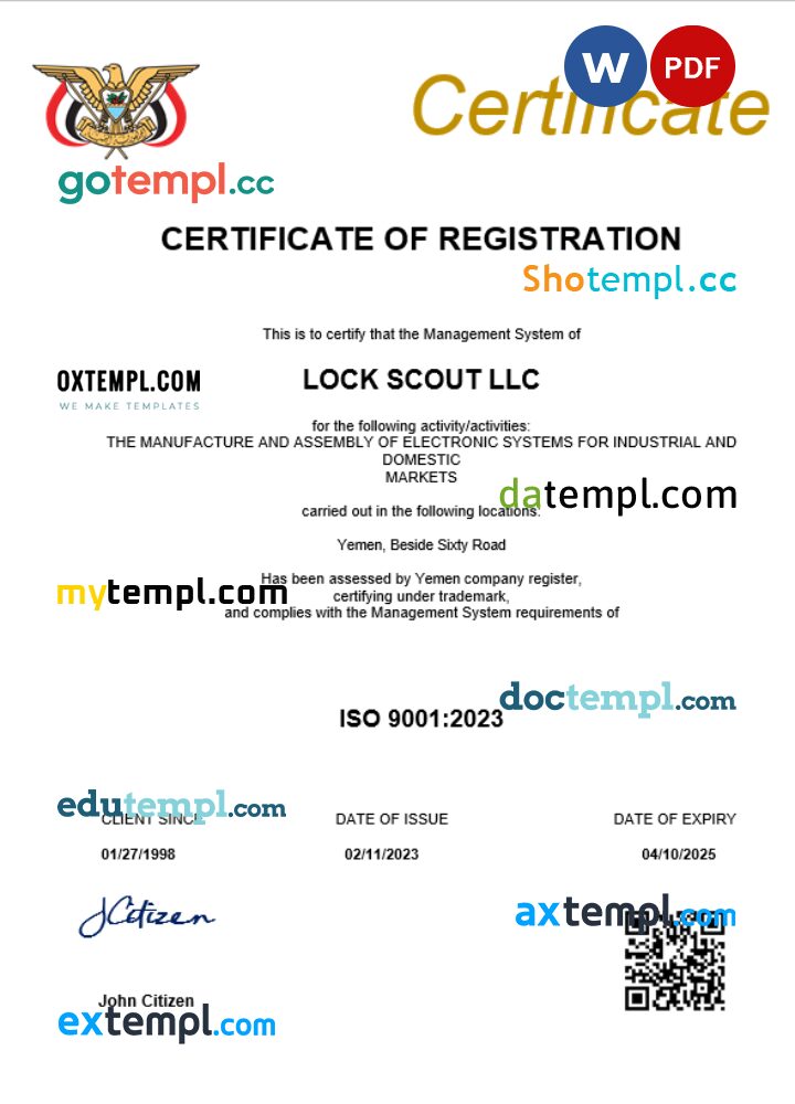 Yemen business registration certificate Word and PDF template