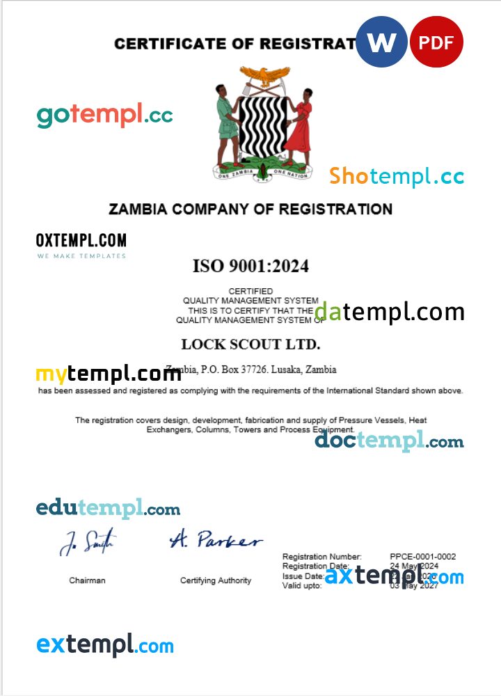 Zambia business registration certificate Word and PDF template
