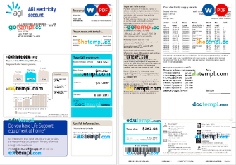 Australia AGL electricity account energy utility bill Word and PDF formats, 3 pages, version 2