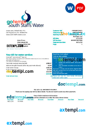 United Kingdom South Staffs Water water utility bill Word and PDF formats, version 2