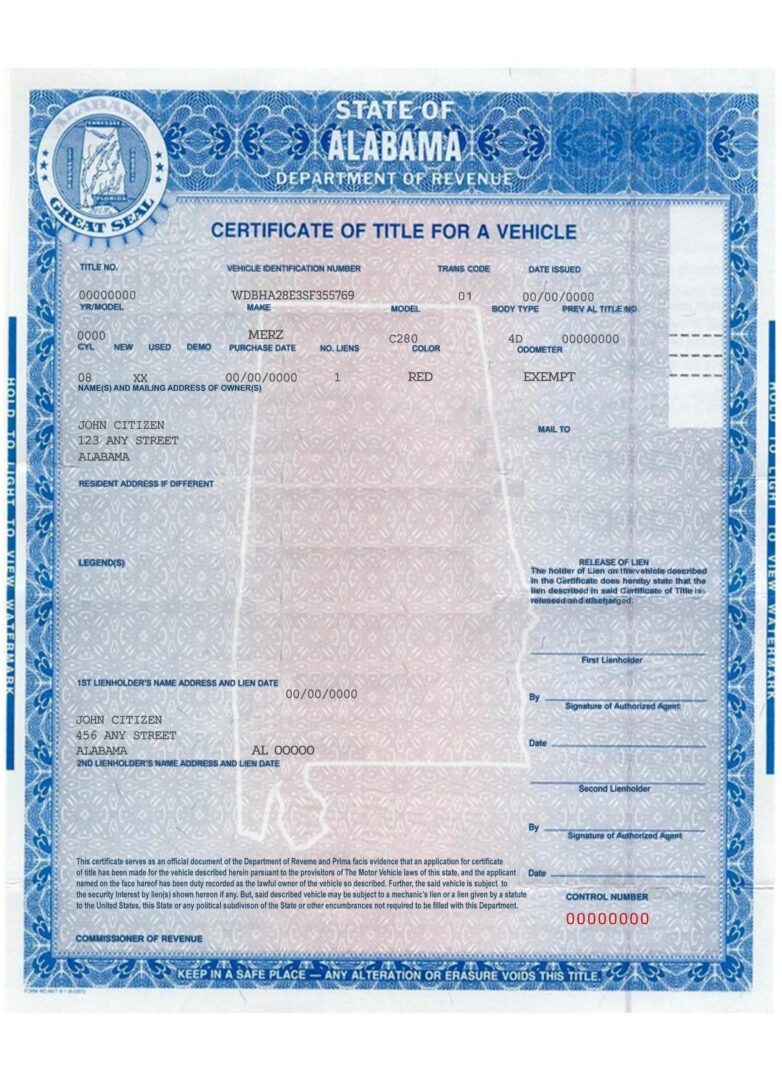 Alabama certificate of title of a vehicle (car title) template in PSD format, fully editable, front and back