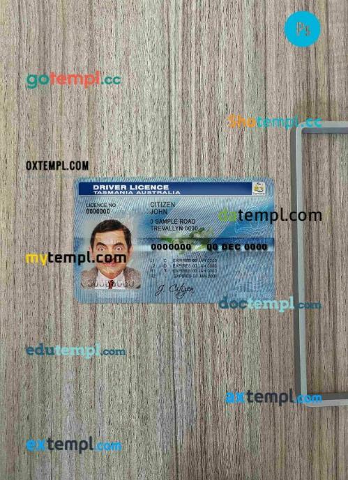 Australia Tasmania driving license editable PSD files, scan look and photo-realistic look, 2 in 1