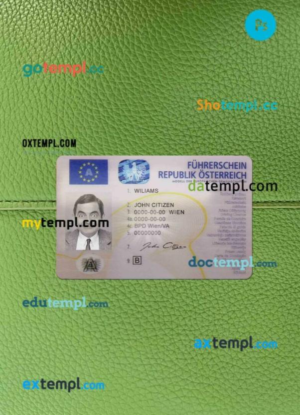 Austria driving license PSD files, scan look and photographed image, 2 in 1