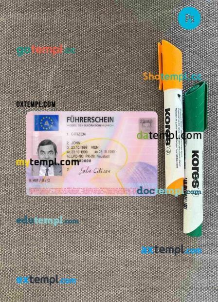 Austria driving license editable PSD files, scan look and photo-realistic look, 2 in 1 (2013 - present)