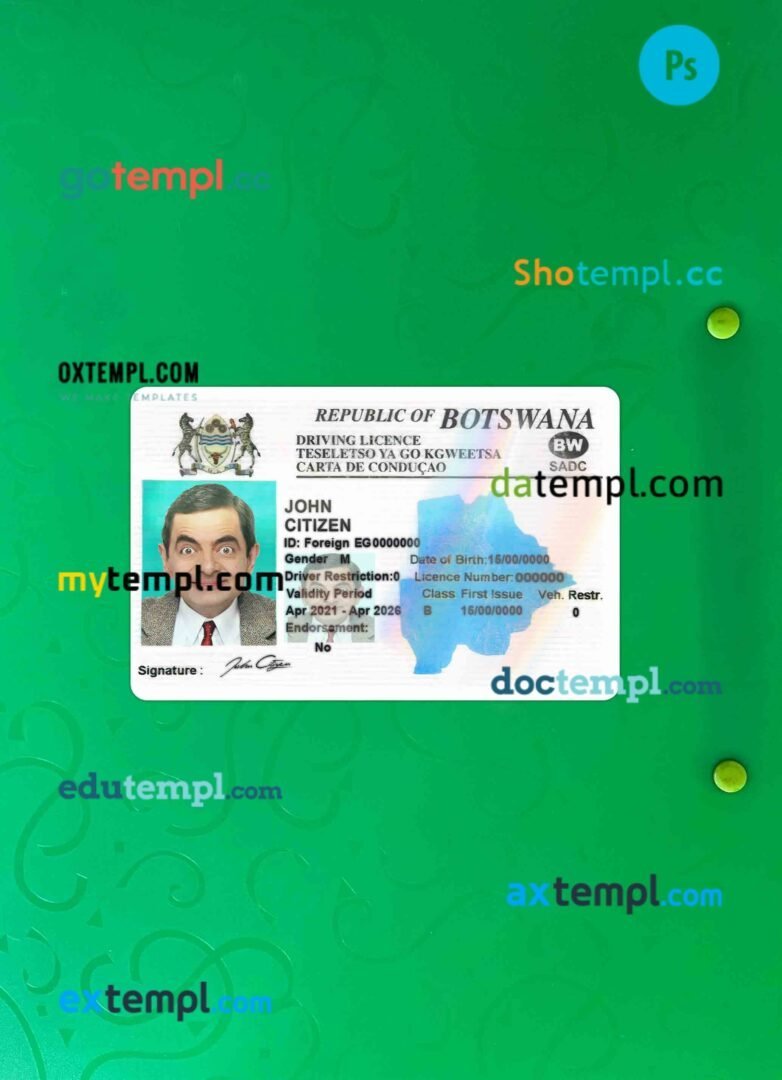 Botswana driving license editable PSD files, scan look and photo-realistic look, 2 in 1