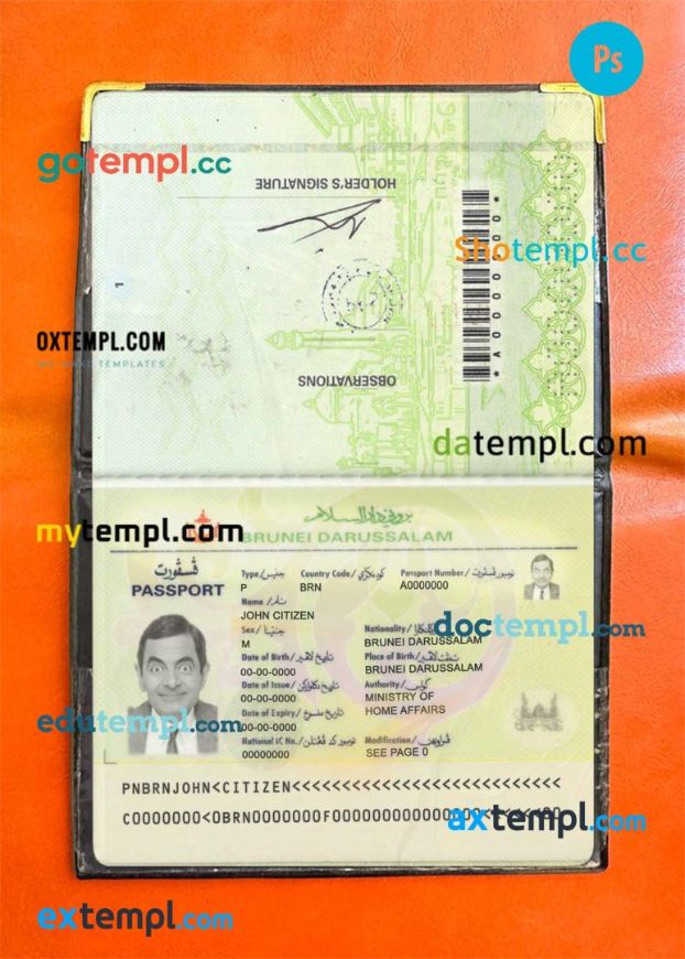 Brunei passport editable PSD files, scan and photo taken image, 2 in 1