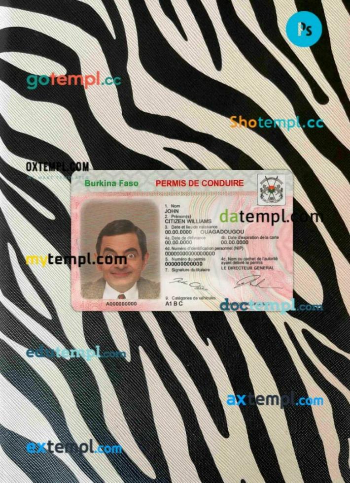 Burkina Faso driving license editable PSD files, scan look and photo-realistic look, 2 in 1