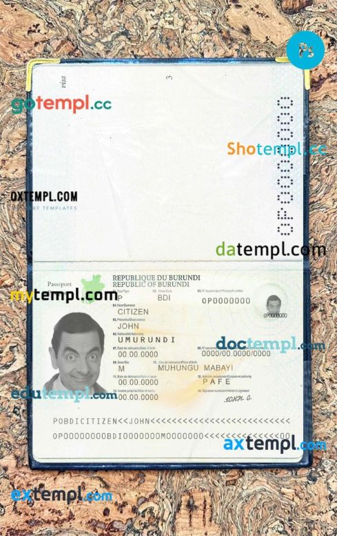 Burundi passport editable PSD files, scan and photo-realistic look (2011-2019), 2 in 1