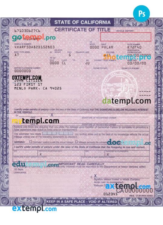 California certificate of title of a vehicle (car title) template in PSD format, fully editable, front and back