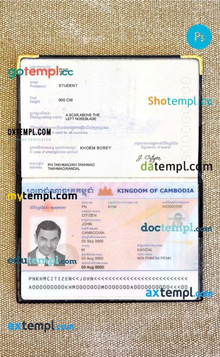 Cambodia passport PSD files, editable scan and photo-realistic look sample, 2 in 1