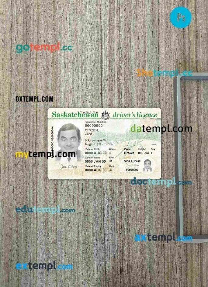 Canada province Saskatchewan driving license editable PSD files, scan look and photo-realistic look, 2 in 1