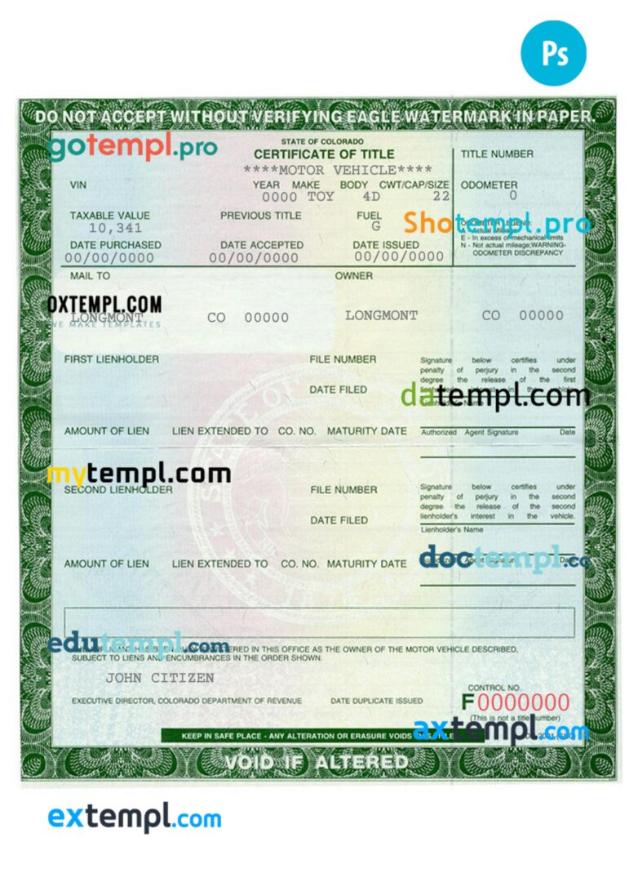 Colorado certificate of title of a vehicle (car title) template in PSD format, fully editable, front and back