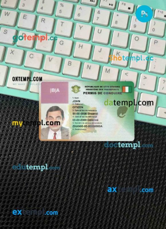 Cote D'ivoire driving license editable PSD files, scan look and photo-realistic look, 2 in 1