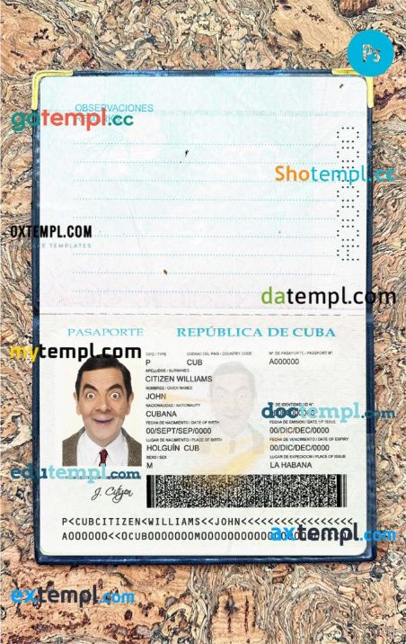 Cuba passport editable PSD files, scan and photo-realistic look, 2 in 1