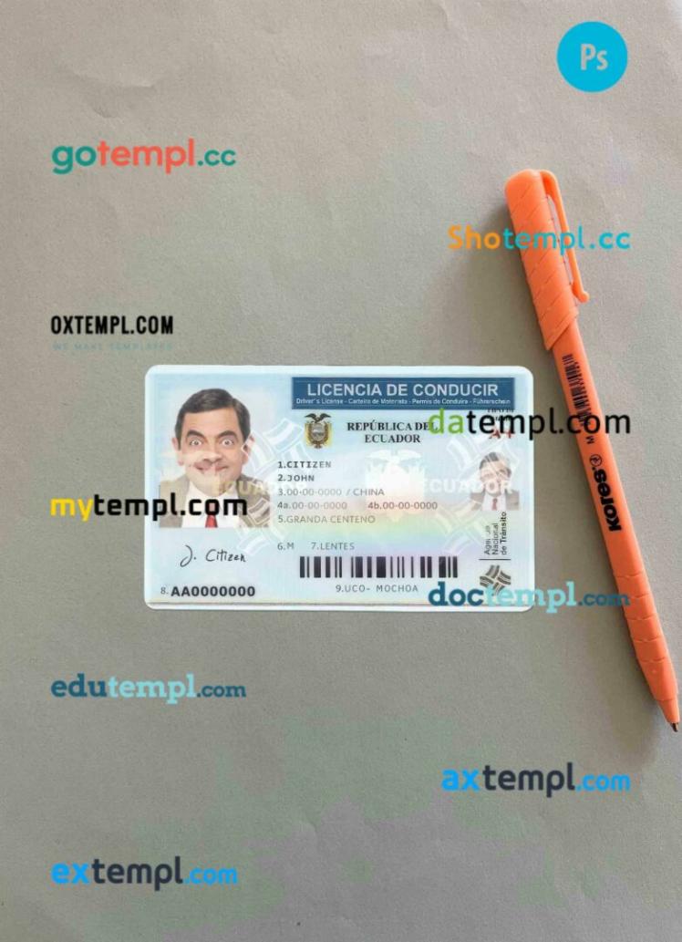 Ecuador driving license PSD files, scan look and photographed image, 2 in 1