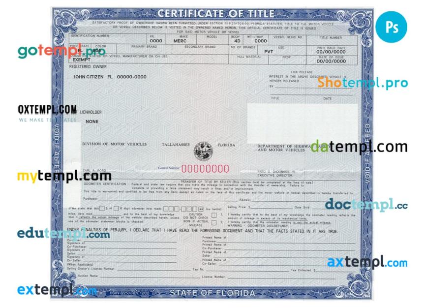 Florida certificate of title of a vehicle (car title) template in PSD format, fully editable, front and back