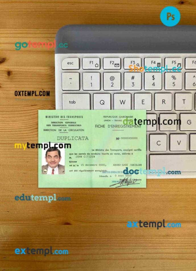 Gabon driving license editable PSD files, scan look and photo-realistic look, 2 in 1