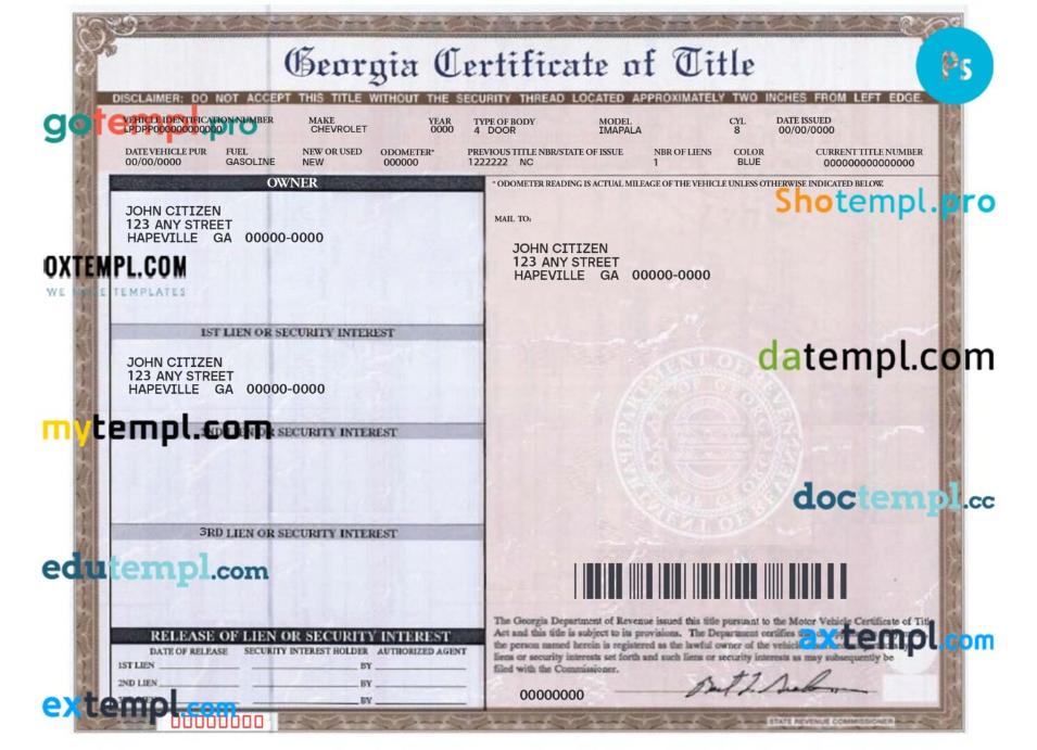 Georgia certificate of title of a vehicle (car title) template in PSD format, fully editable, front and back