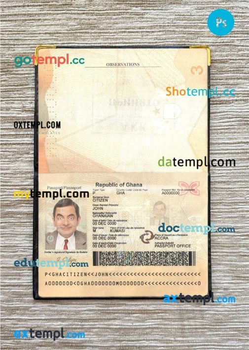 Ghana passport editable PSD files, scan and photo look templates, 2 in 1