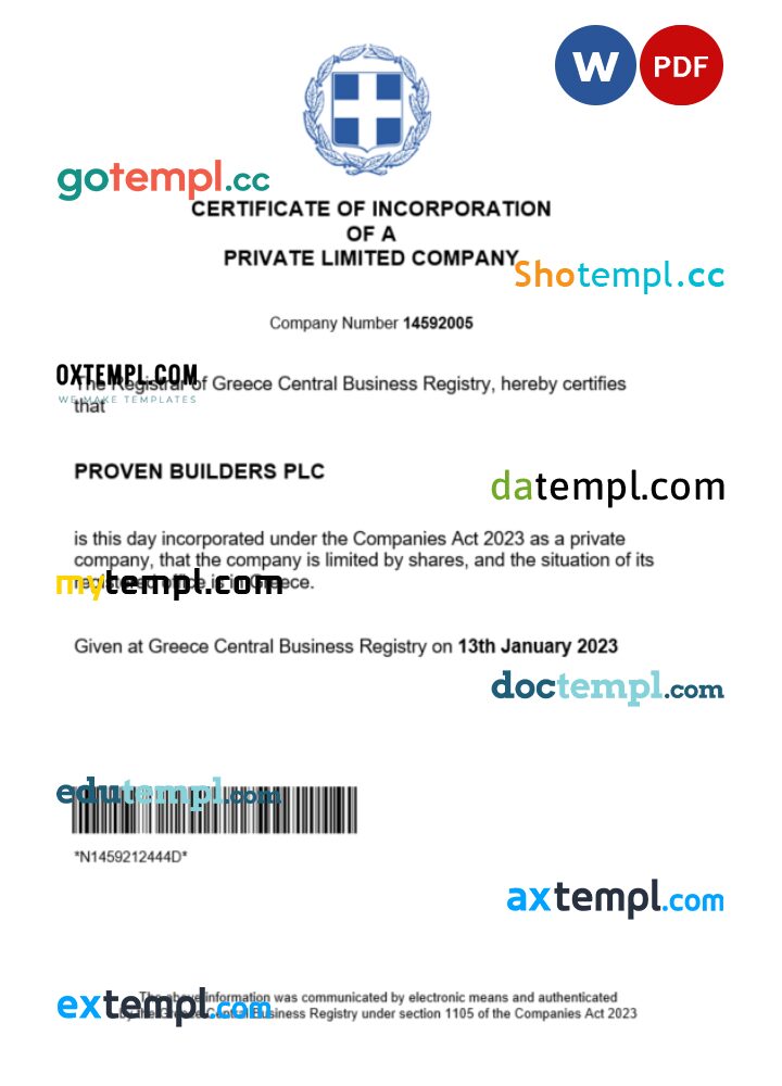 Greece business registration certificate Word and PDF template