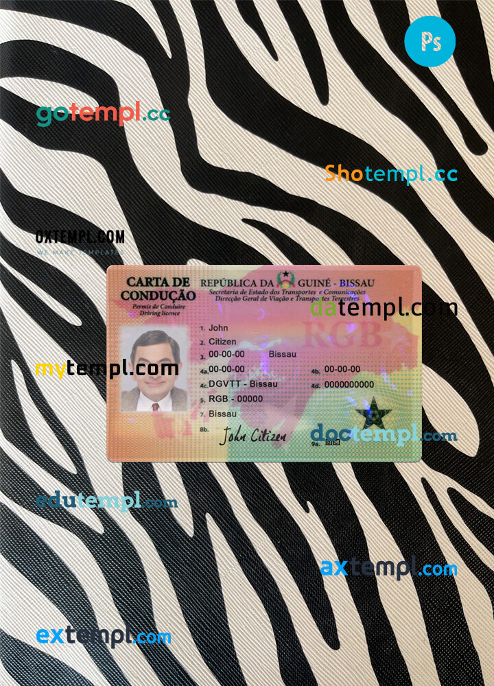 Guinea-Bissau driving license editable PSD files, scan look and photo-realistic look, 2 in 1