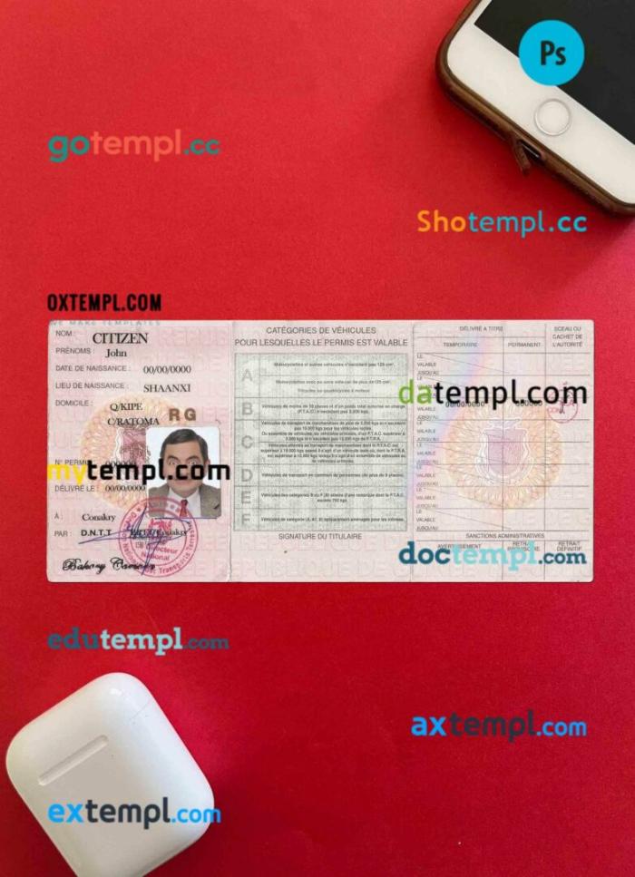 Guinea driving license editable PSD files, scan look and photo-realistic look, 2 in 1