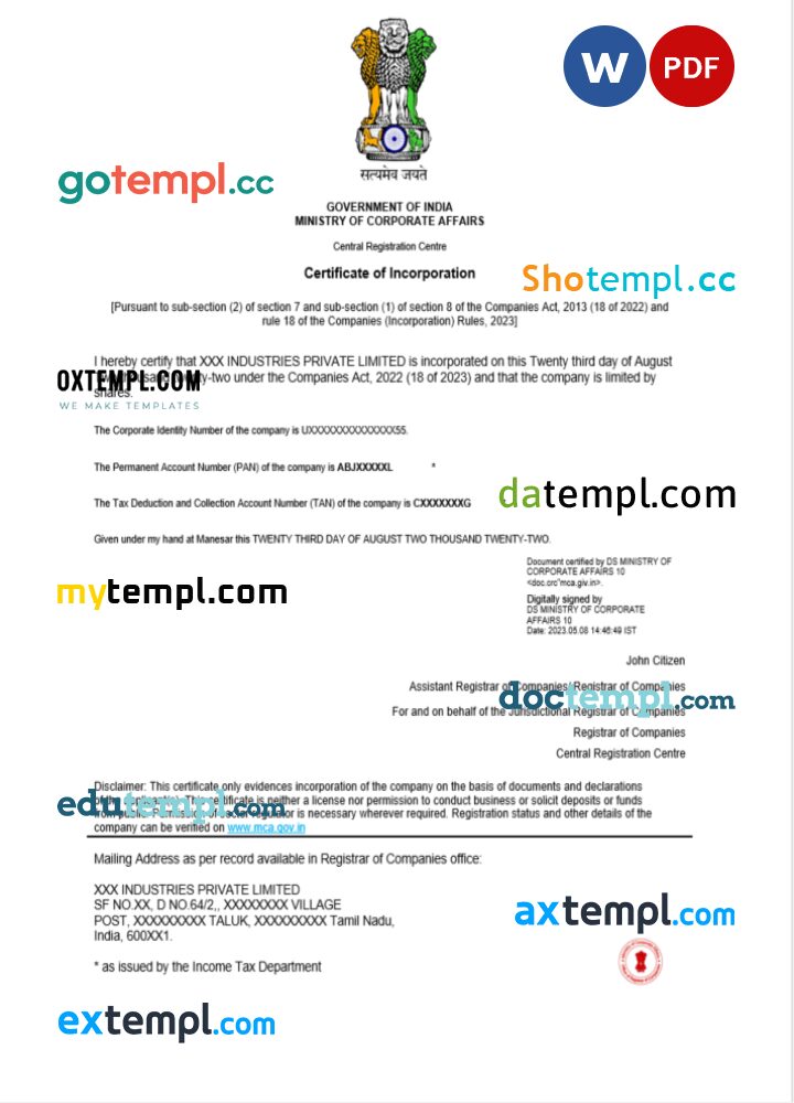 India certificate of incorporation registration Word and PDF template, version 2