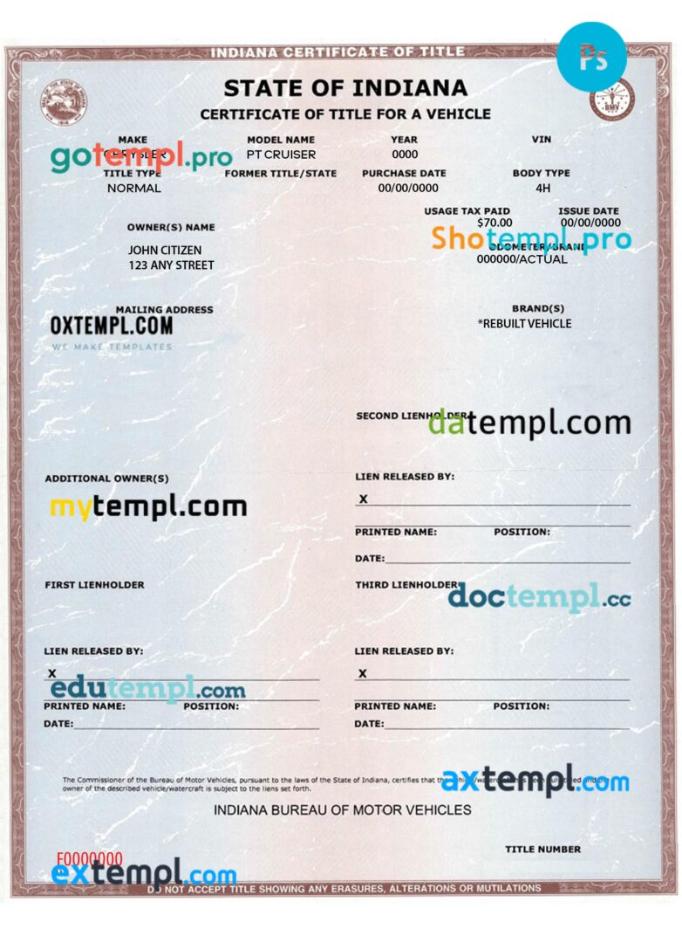 Indiana certificate of title of a vehicle (car title) template in PSD format, fully editable, front and back