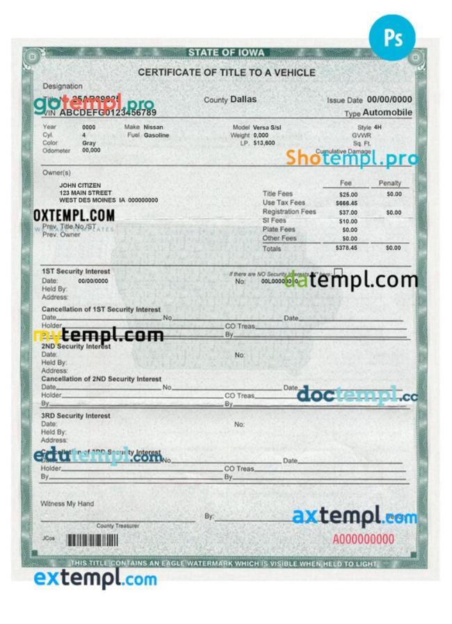 Iowa certificate of title of a vehicle (car title) template in PSD format, fully editable, front and back