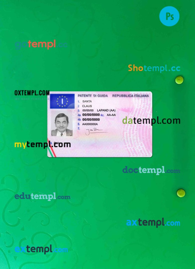 Italy driving license PSD files, scan look and photographed image, 2 in 1