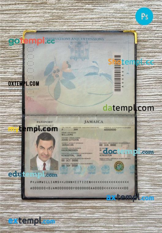 Jamaica passport editable PSD files, scan and photo look templates, 2 in 1