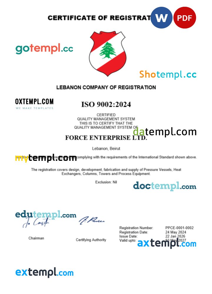 Lebanon company registration certificate Word and PDF template