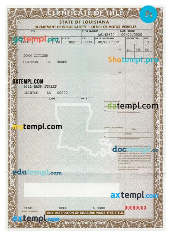 Louisiana certificate of title of a vehicle (car title) template in PSD format, fully editable, front and back