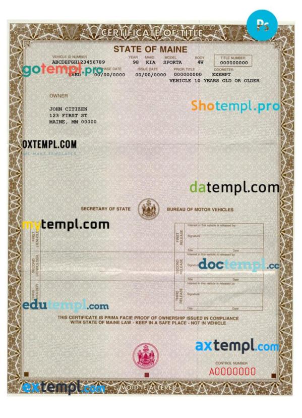 Maine certificate of title of a vehicle (car title) template in PSD format, fully editable, front and back