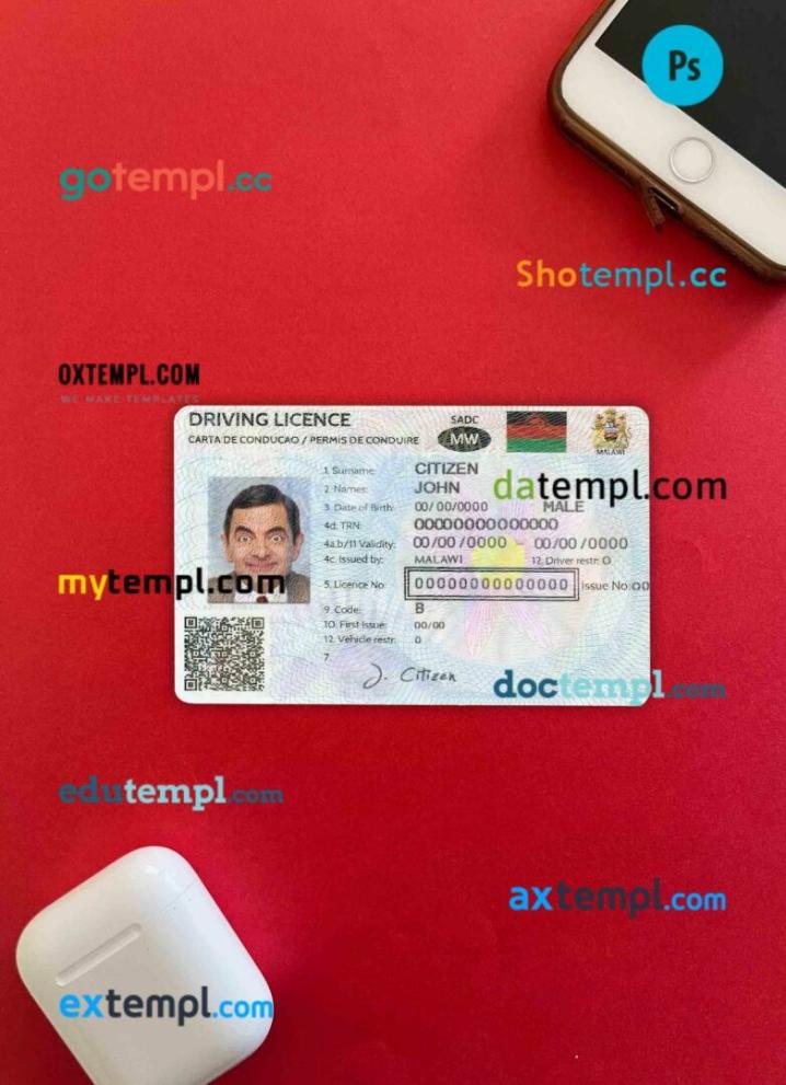 Malawi driving license editable PSD files, scan look and photo-realistic look, 2 in 1